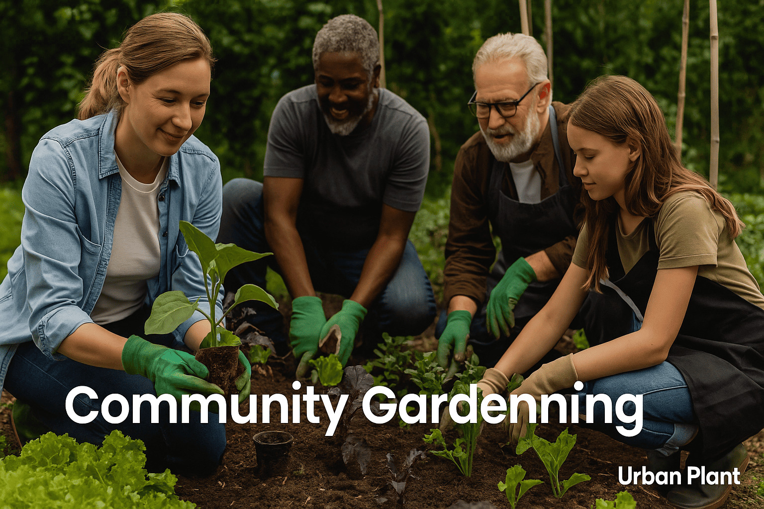 Community gardening by Urban Plant shows a diverse group of people planting together in a lush shared garden space, promoting eco-living and teamwork